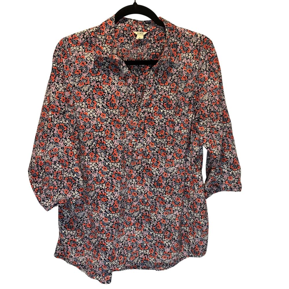 L.L. Bean Floral Popover Cotton 3/4 Sleeve Top - size Large